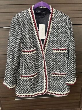 Zara Black & White Tweed Jacket with Red Trim